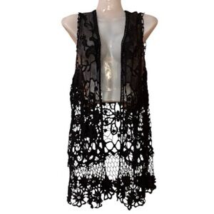 Black long crocheted boho vest